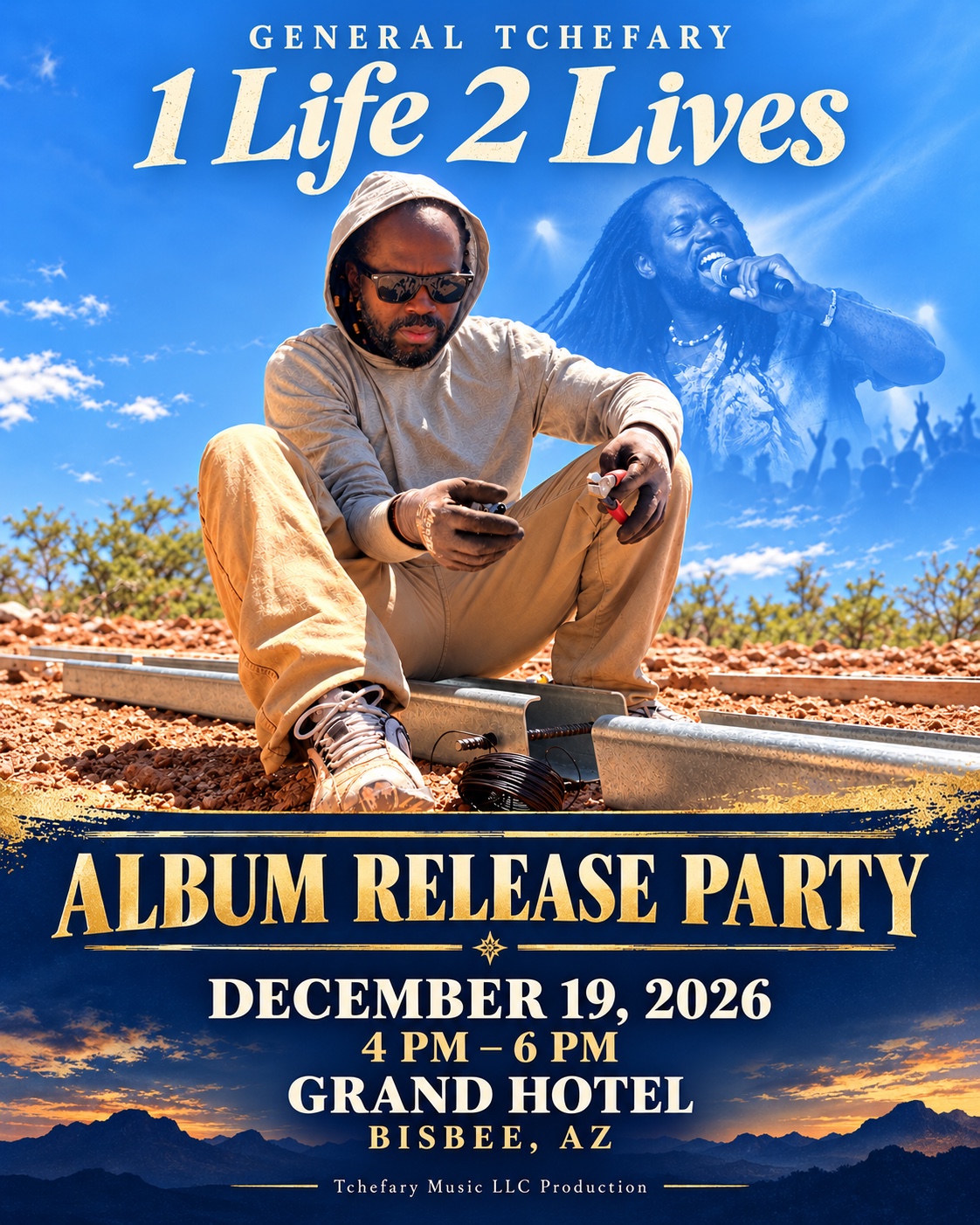 1 Life 2 Lives album release party flyer for December 19, 2026 at Grand Hotel in Bisbee, Arizona