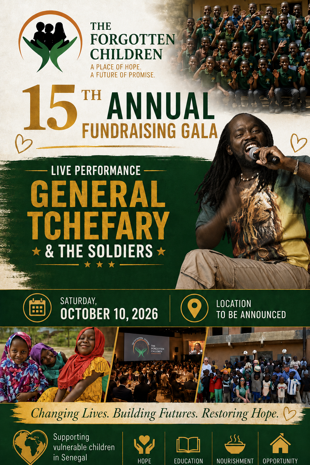 The Forgotten Children fundraising gala flyer featuring General Tchefary and The Soldiers
